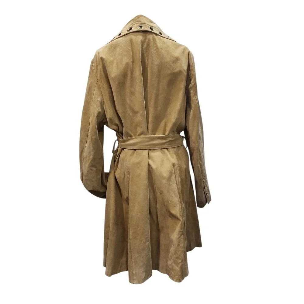 Bradley Bayou Trench Coat Womens Large Tan Suede Floral Lining Boho Chic Luxury